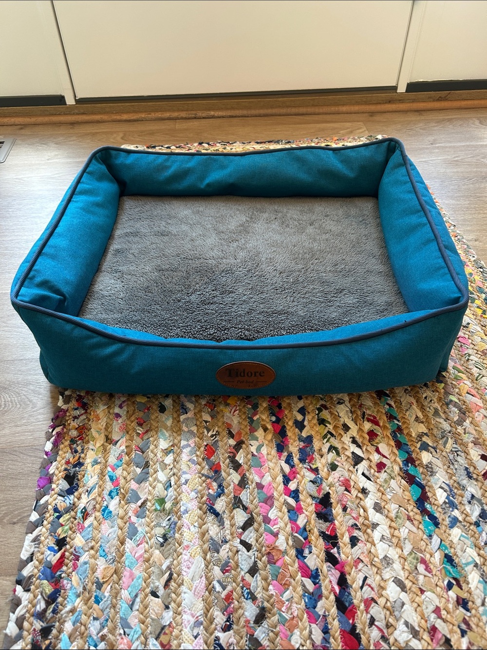 Teal Rectangular Pet Bed with Gray Plush Insert